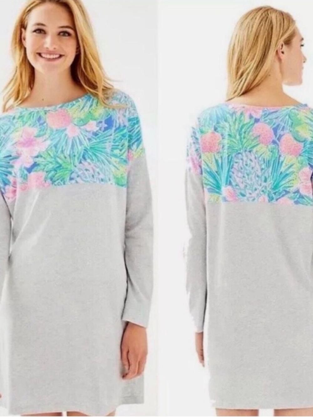 Lily Pulitzer Finn Long Sleeve Dress Floral Accent 100% Pima Cotton